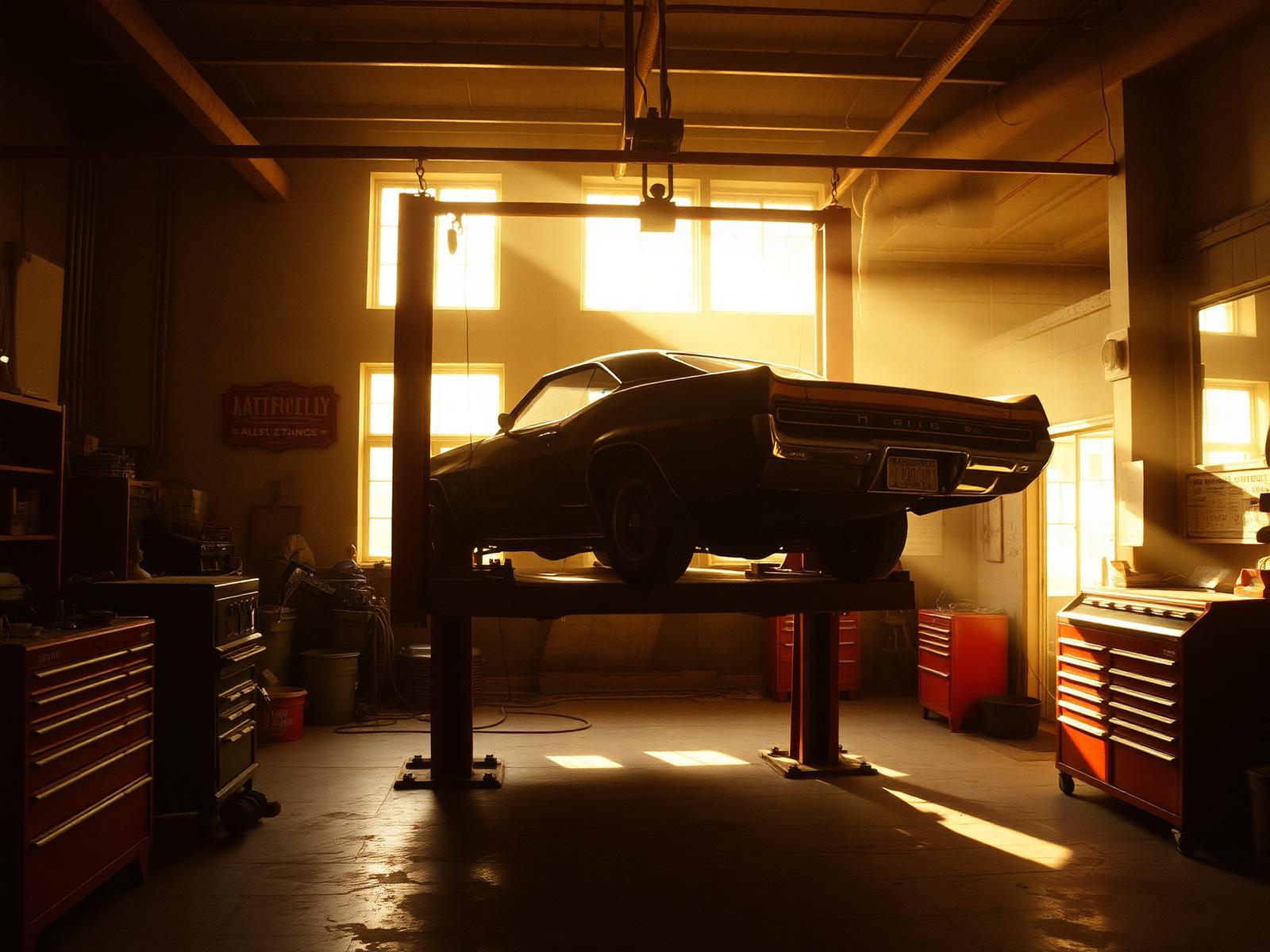 Vintage muscle car on the lift inside Daytona Auto Repair garage in Okeechobee